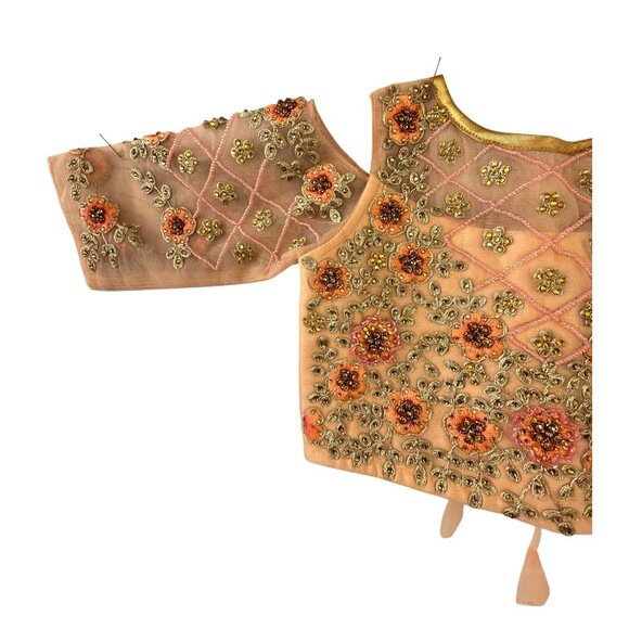 Girls Handmade Beaded Choli Top 45 cm / US 4-5 Peach/Flesh Embroider Mesh Ethnic - Picture 5 of 9